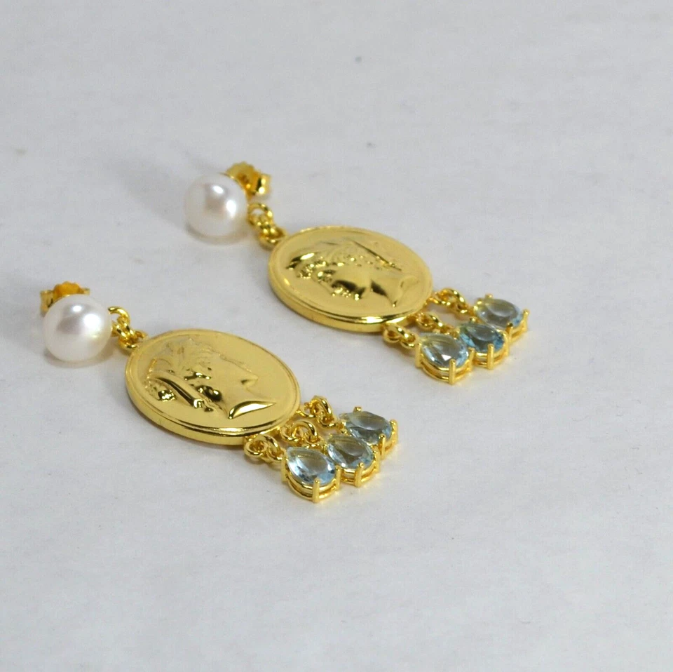 ORECCHINI ARGENTO 925 DORATI PERLE D'ACQUA DOLCE GOCCE TOPAZIO AZZURRO AGHT 0965 - Immagine 2 di 3