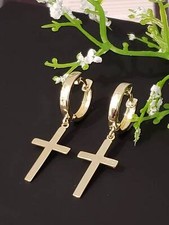 14K Solid Gold   Cross Plain Yellow Gold Earrings Hoops   Huggies   2.25 x12mm