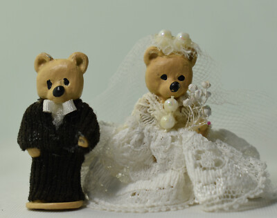 Vtg Artisan DOLLHOUSE Miniature metal TEDDY BEAR Bride Groom  Wedding Topper