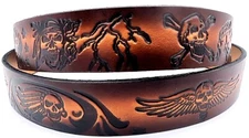 MULTI SKULL MOTORCYCLE BIKER ROCK EMBOSSED GENUINE COWHIDE LEATHER BELT USA MADE