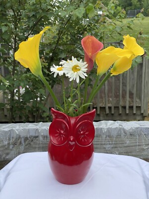 Lerman Decor Multi Purpose Red Ceramic Owl Utensil Holder, Vase, Storage Crock.