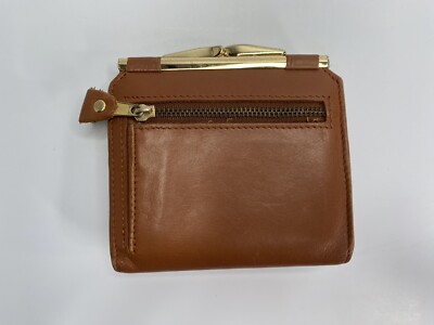 Etienne Aigner Brown Leather Bifold Clamshell Wallet Brass Kiss