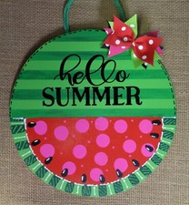 Hello Summer Watermelon Circle Wall Door Indoor Outdoor Decor Porch Patio Deck