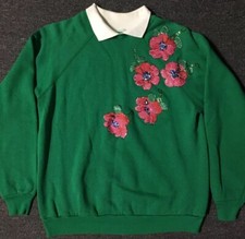 Vtg 80s Flower Collared Sweatshirt M USA 90s Vaporwave Grunge Glitter Raglan Art