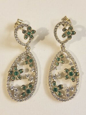 Sterling Silver Flower Pattern Earrings with Lab Created Emerald
