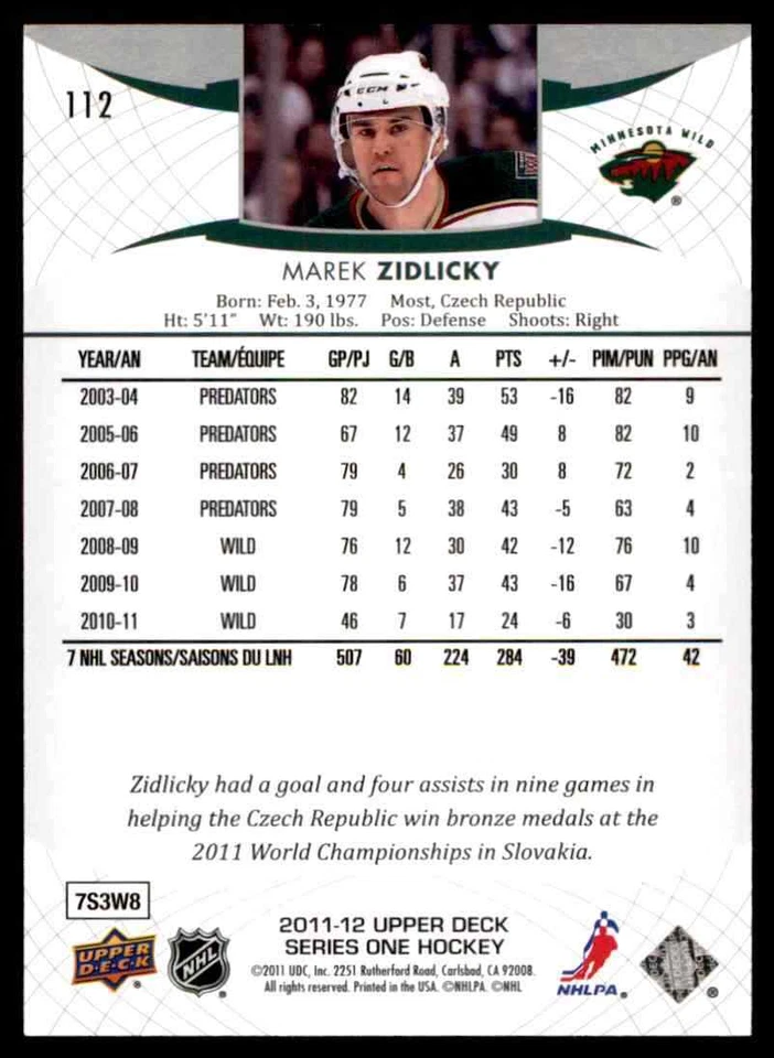 2011-12 Upper Deck Marek Zidlicky #112 - Image 2 of 2