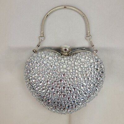 RAMLA Silver Heart Shape Crystal Clutch Purse Handle/Chain Prom