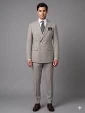 Men's 100 Wool Suit - Light Brown Plaid Check - Double Breasted - Sizes 36-48