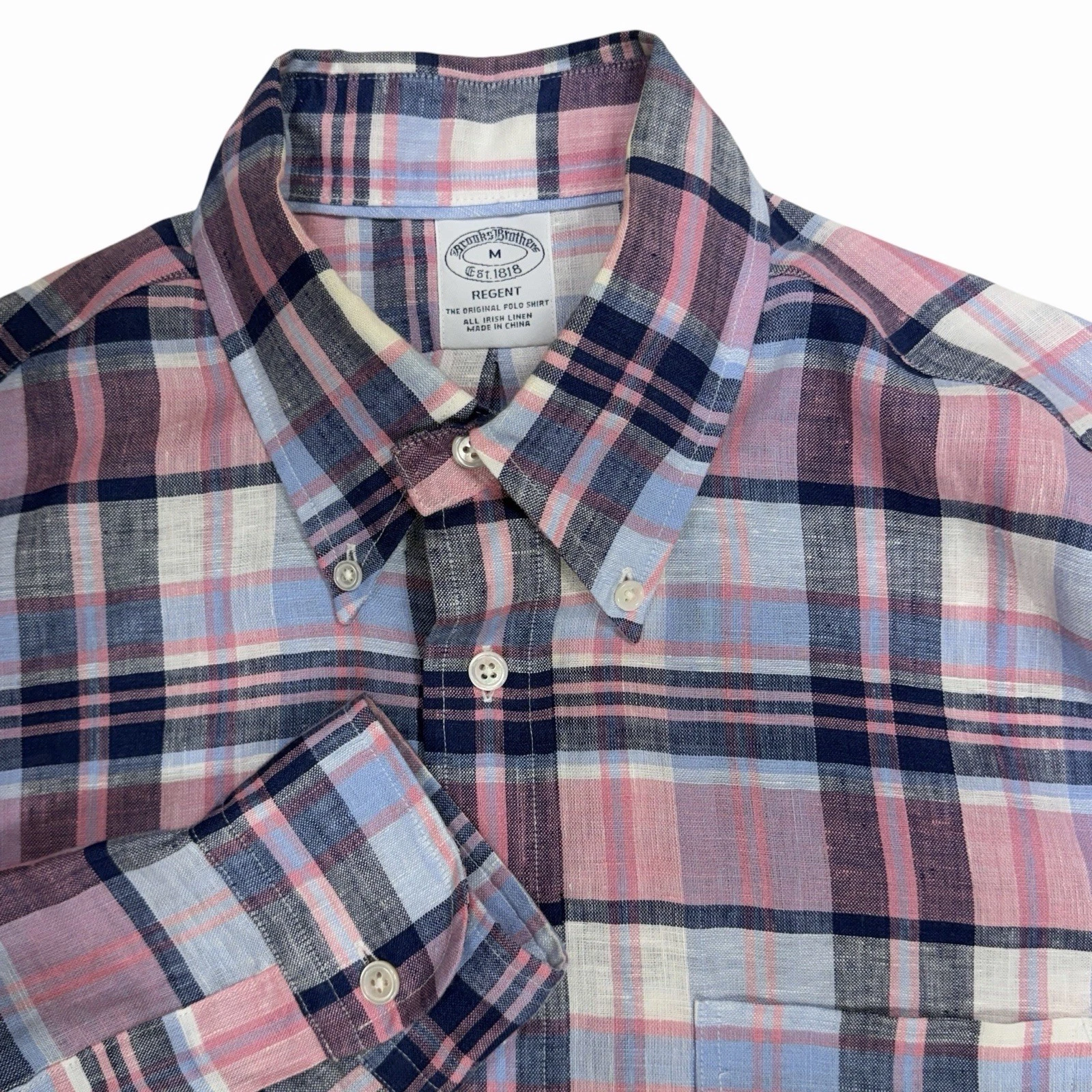 Brooks Brothers Baird McNutt Linen Shirt Men Medium Pink Plaid Irish Button Down
