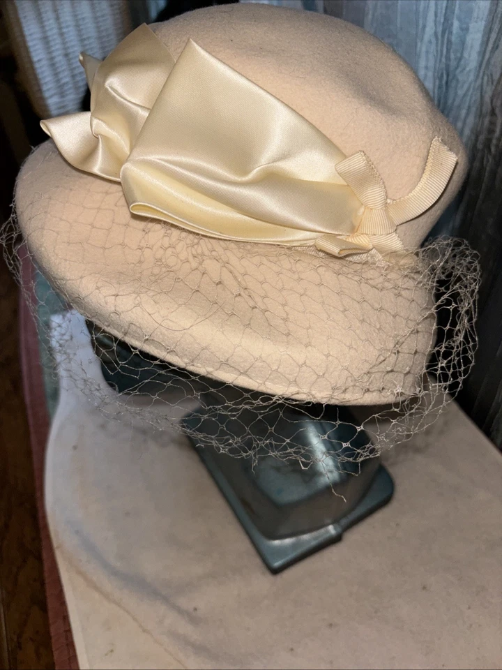Carol Brent Hat UnionMade Wide Brim White With Ribbons & Netting - Image 3 of 4