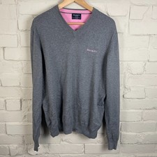 Hackett V-Neck Grey Jumper Mens UK Size XL Pullover Long Sleeves Pink Inside