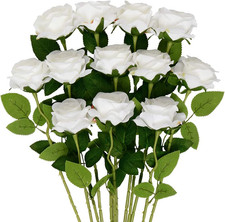 12 PCS White Rose Artificial Flowers, Fake Roses with Long Stem Realistic Silk R