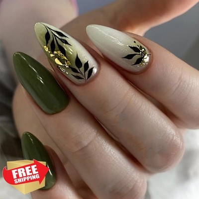UEYRSEDB Almond Nails Green Leaf Gold Foil Colorful-13