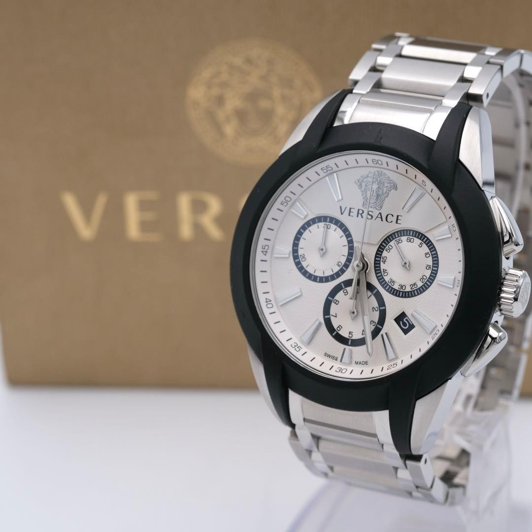 Versace Men's Chronograph Watch Silver Dial Black Rubber Bezel Stainless Steel U