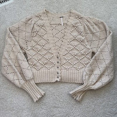 Free People Womens Polly Bobble Pom Open Stitch Crop Cardigan Sweater Sz Medium