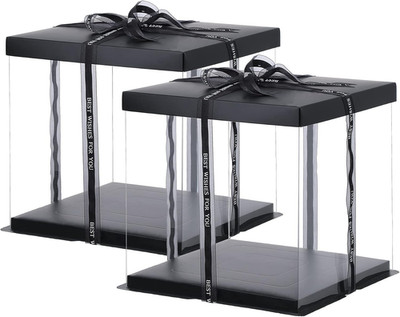 2Pcs Large Cake PET Clear Box, 10'' X 10'' X 9'' with Ribbon and Pre-Folded Lid, fo