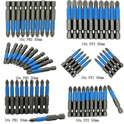 10pcs 50mm Screwdriver Bit Hex Shank Magnetic No Slip PH1/PH2/PH3/PZ1/PZ2/PZ3