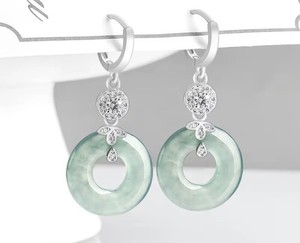 Solid 925 Sterling Silver Hoop Natural A Grade Jade Jadeite Circle Earrings