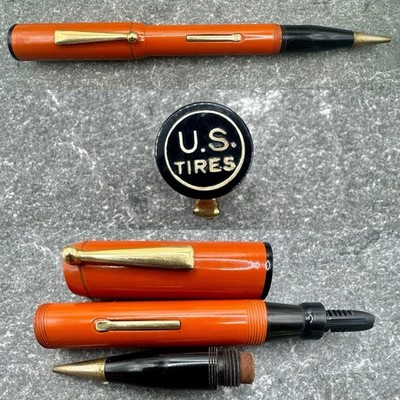 1920s Large Red GF Fountain Pen/Pencil Combo w/ U.S. Tires Logo Cap