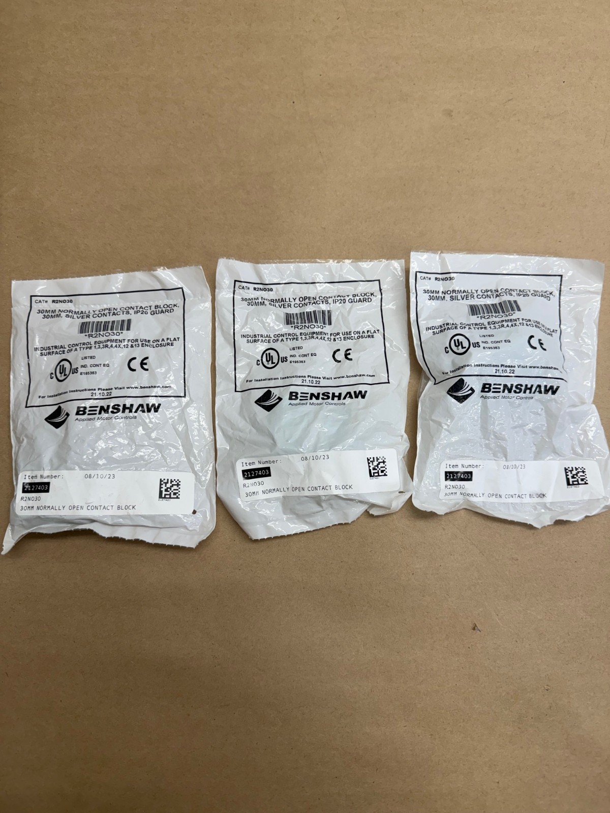 Benshaw R2NO30, 30mm Normally Open Contact Block LOT of 3 *NEW SEALED PACKAGING*