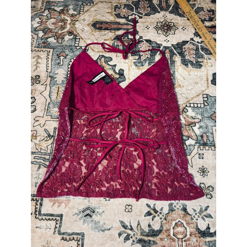 Regata vintage com miçangas à mão y2k abertura traseira amarração rosa floral média - Imagem 4 de 4