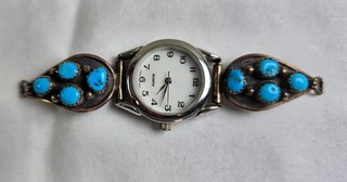 Vtg Navajo Indian Sterling or Coin Silver & Turquoise Watch Tips Signed SPENCER