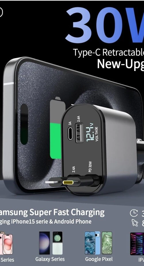 Cargador de coche retráctil 4 en 1 doble puerto USB C cable PD adaptador de carga rápida EE. UU. Foto 2 de 4