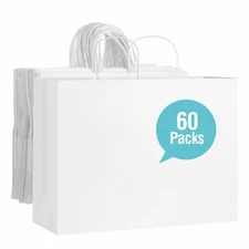60 PCS White Paper Bags with Handles 16 x 12 x 6 inch Large Gift Bag Bulk Sho...