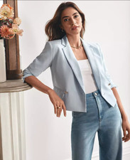 NEW ANN TAYLOR 189 CAFE BLUE CREPE CROPPED DOUBLE BREASTED BLAZER SZ 2