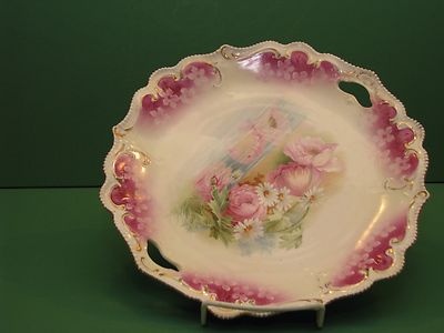 RS PRUSSIA Pottery 11 in open handled cake plate Floral Hand Painted RED STAR