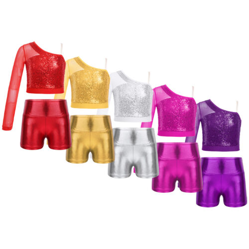 Girls Clothes Set Long Sleeve Costume Metallic Outfit Performance Dancewear - Picture 1 of 38