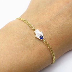 Authentic 925 Sterling Silver Gold Plated C Z & Enamel Hamsa Rolo Link Bracelet 7.75"