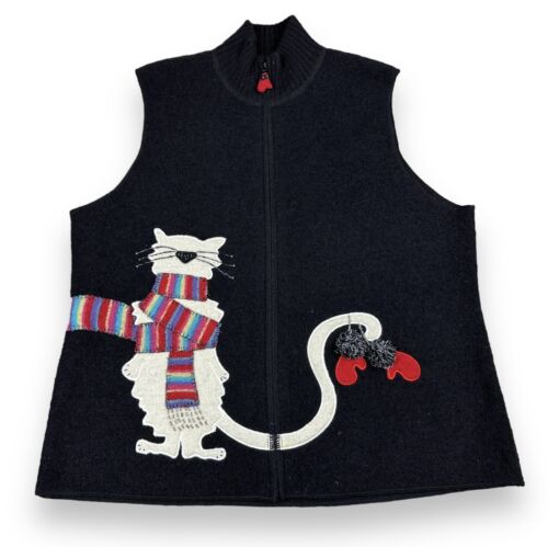 Coldwater Creek Black Wool Full Zip Vest Cat Wearing Winter Scarf Sweater Sz 1X - 第 1/11 張圖片
