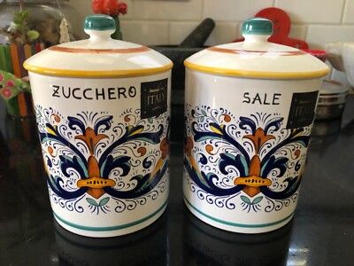 Set of 2 Deruta Canisters ZUCCHERO & SALE (Sugar & Salt) Ricco Pattern -- NWT