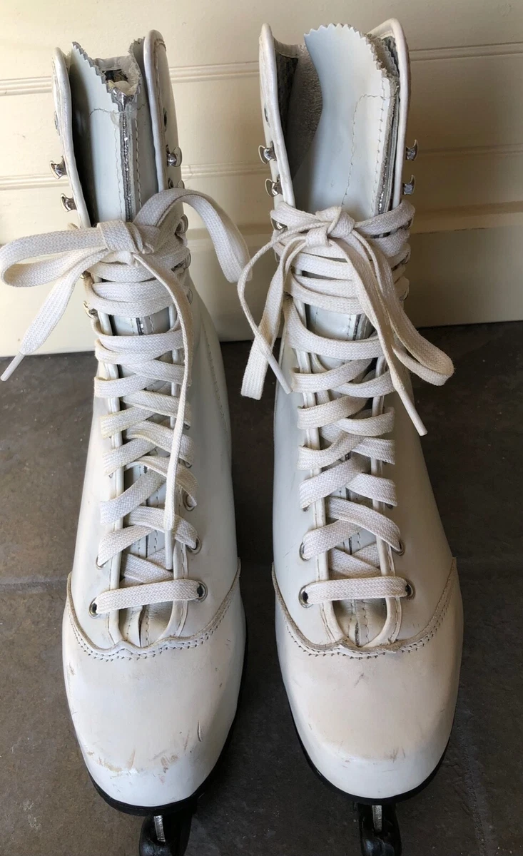 Vintage Ladies White Size 9 Ice Skates with Steel Blades and Blade Guards