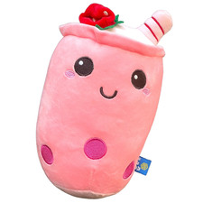 Stuffed Boba Plush Strawberry Bubble Tea Plush Milk Teacup Plush 9" Fruit Pillow