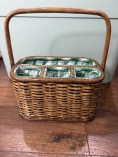 wicker Basket Picnic barbecue utensil caddy Green Lining B21