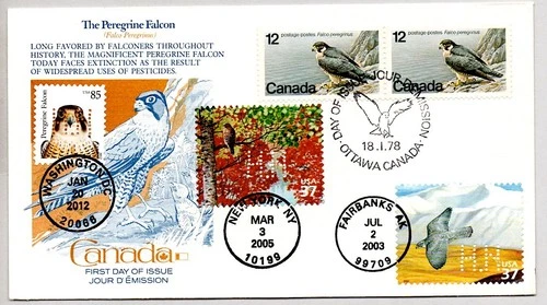 #4609 PEREGRINE FALCON #3802a GYRFALCON #3899b HAWK NAKANO PERFINS, CANADA FDC