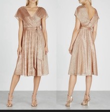 NWT $405 Alice + Olivia Darva Faux Wrap Midi Dress 6 | Rose Gold Lamé Metallic