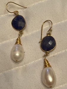 Authentic 925 Kyanite and Cultured Pearl Gold Plated Sterling Silver earrings