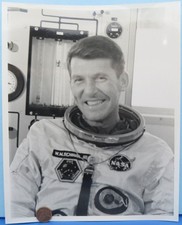 NASA press PHOTO vtg Gemini 6 Astronaut Wally SCHIRRA Suiting Up Exercise B&W