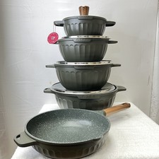 Granite Cookware Set 10 Piece Non Stick Pots & Pan with Lid Induction Safe Grey