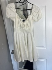 Windsor White Eyelet Puff Sleeve A-Line Dress Tie Ruffle Accents Size M