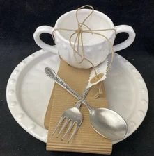 Mud Pie Baby Feeding Set Cup Plate Spoon Fork White Silver NOS 2013