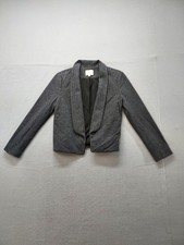 LOFT Women Blazer Jacket L Gray Black Stripe Open Front Cropped Work Office Chic