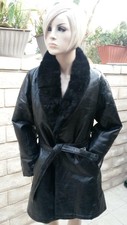 A21 Women Large Arielle Black Leather Rabbit Fur Trim Trench Coat Jacket Parka +