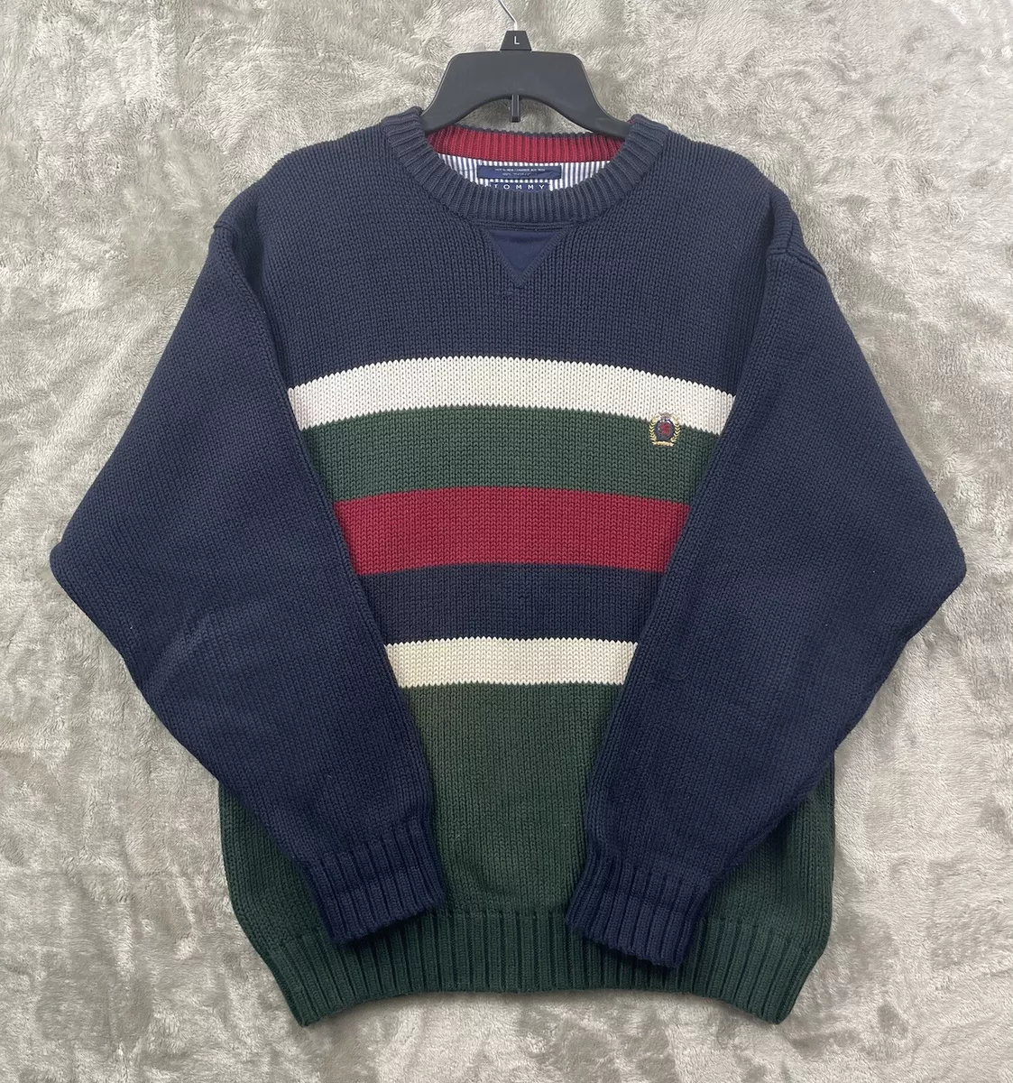Vintage 90 s TOMMY HILFIGER Lion Crest Color Block Thick Sweater Large Cotton