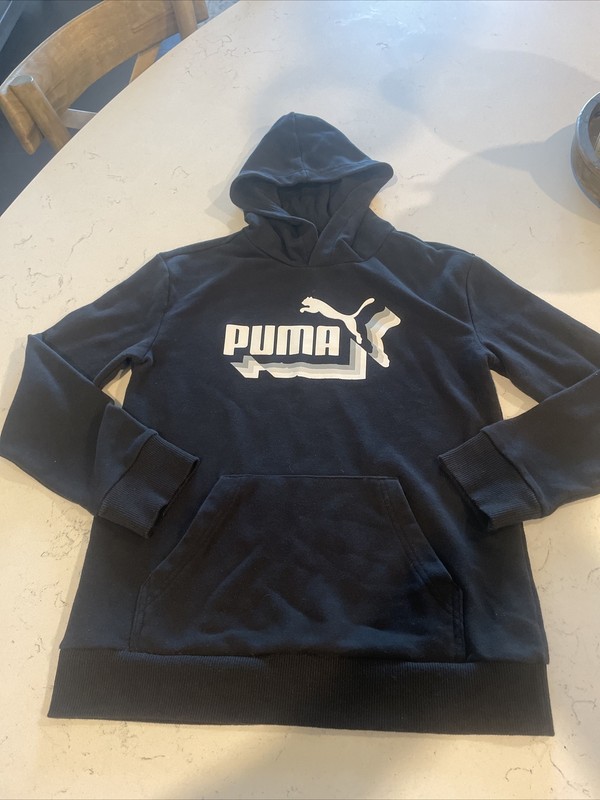 Puma Sweater Large Black Pullover Hooded Sweatshirt Logo Youth