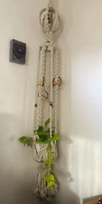 6Ft Woven Macrame Plant Hanger Vntg 70s Boho Ceramic Parakeet Birds 76”