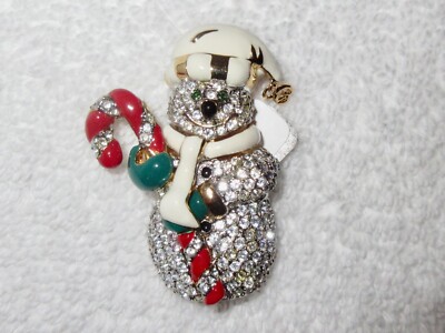 Vintage St. John Snowman Brooch Enamel Crystals Christmas --Superb! Minty!